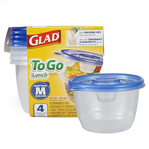Glad GladWare to Go Lunch Food Storage Containers with Lids, Medium Round No BPA Plastic with Built-in Dressing Cup for Salads and Lunches, Microwave Dishwasher Safe, 32 Oz, 4 Count