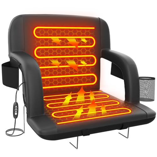 Suteck Dual-Side Heated Stadium Seat with Back Support, Wide Cushion, Foldable Bleacher Chair W/USB 3-Level Heating, 5 Storage Pockets – Portable Stadium Chair for Outdoor Bleachers Camping Games