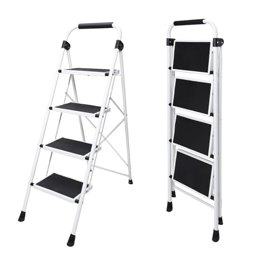 OLIXIS Step Ladder, 4 Sturdy Step Stool with Anti-Slip Pedal & Comfortable Handrail, Portable Heavy Duty Step Stool for Kitchen, Garage & Outdoor Use, 330lbs, Black