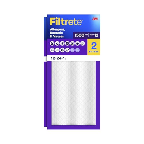 Filtrete 12x24x1 Air Filter, MERV 12, MPR 1500, Allergens, Bacteria & Viruses, 3-Month AC and Furnace Filters, Cleaner Air, Reliable Airflow, 2 HVAC Filters (Actual Size 11.68 x 23.68 x 0.78 in)