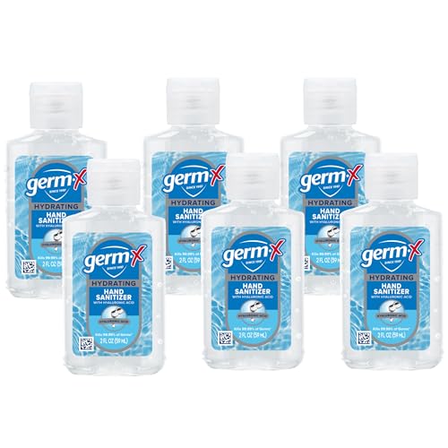Germ-X Hydrating Hand Sanitizer, with Hyaluronic Acid, 2 Fl Oz (Pack of 6), No Rinse Formula, Sanitizing Liquid Gel for All Skin Types, Formulated without Parabens, Phthalates & Dyes