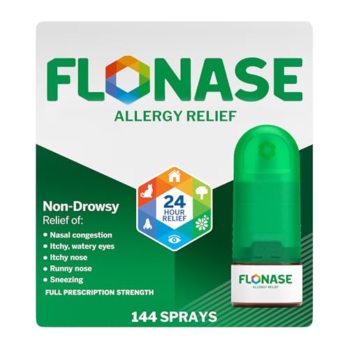Flonase Allergy Relief Nasal Spray, 24 Hour Non Drowsy Allergy Medicine, Metered Nasal Spray - 144 Sprays- Fall and Seasonal Allergy Relief