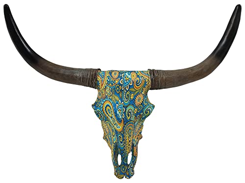 DeLeon Collections Southwestern Dreamscape Painted Paisley Floral Longhorn Cow Bull Steer Skull Hanging Wall Décor, Blue/Orange/Yellow/White/Black, 14.5”L x 18”W x 4”D