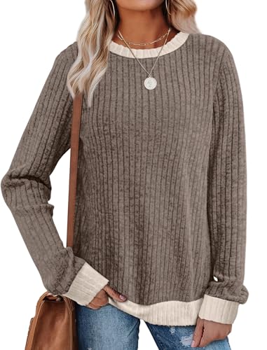 Sampeel Sweaters for Women Early Fall Fashion 2025 Outfits Must Haves Long Sleeve Shirts Cute Tunic Tops Loose Fit Dressy Old Money Clothes Fall Chocolate Brown Clothing M