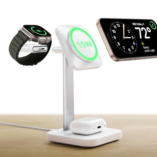 ESR 3 in 1 Wireless Charging Station, [Certified] Apple Watch Charger & 15W MagSafe Charger Stand for iPhone, Wireless Charger for Multiple Devices iPhone 17-12&Watch&AirPods,White