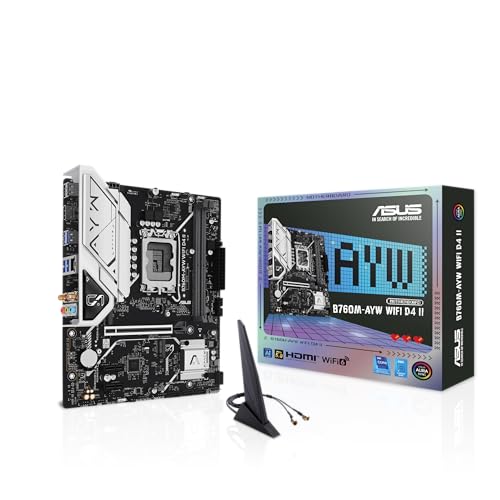 ASUS B760M-AYW WiFi D4 II Intel® B760 (LGA 1700) microATX mATX Motherboard, PCIe 5.0 x16 Support, Two M.2 Slots, DDR4, Realtek 2.5Gb Ethernet, Wi-Fi 6, HDMI, SATA 6 Gbps, Front USB 5Gbps, Aura Sync