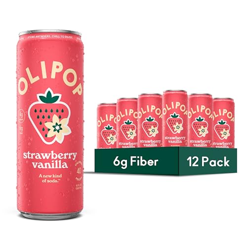 OLIPOP Prebiotic Soda Pop, Strawberry Vanilla, Pantry Pack Packed with Prebiotics, Fiber, and Botanicals, Gluten Free, GMO Free, 12oz Skinny (12-Cans) (Packaging May Vary)