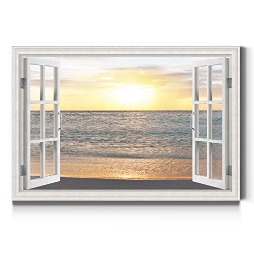 Renditions Gallery Nature Home Decor Window View of Calm Ocean Beach with Orange Sunset Canvas Hanging Artwork for Living Room Office Walls - 32X48 LT38
