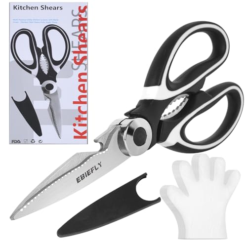 EBIEFLY Kitchen Scissors Utility Chopping Scissor Professional Shears for Meat Cutting Sharp Kitchenaid Shears Multipurpose Scissor for Food Outdoor BBQ No Rust + 100 Pcs Plastic Gloves Disposable