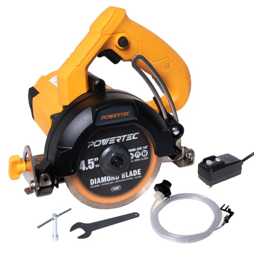 POWERTEC 4.5" Handheld Tile Saw – 12Amp/1400W Motor, Wet/Dry Cutting with Adjustable Water Feed System, GFCI Plug, Bevel & Depth Adjustment, Compatible with 4"-4.5" Diamond Blades (HTS1045)