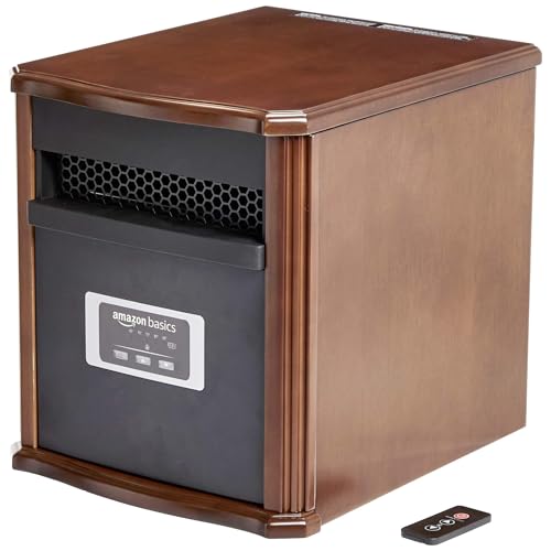 Amazon Basics Portable Space Heater with Remote Control, Adjustable Thermostat, Indoor Use, Energy-Saving Setting, LED Display, Classic Wood Casing, 1500W, 12"D x 13"W x 16"H, Brown