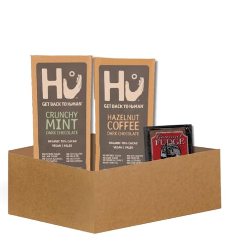 Hu Chocolate Crunchy Mint 2.1 oz and Hazelnut Coffee Bar 2.1oz Bundle with Claeys Old Fashioned Chocolate Fudge 1.75 oz – Organic Vegan Bars for Snacking – Gift Set (3 Items)
