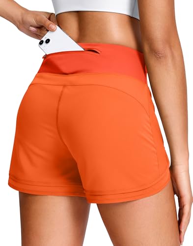 Soothfeel Women's Running Shorts High Waisted Quick-Dry 3 Inch Gym Workout Athletic Shorts for Women with Zipper Pocket(Orange, M)