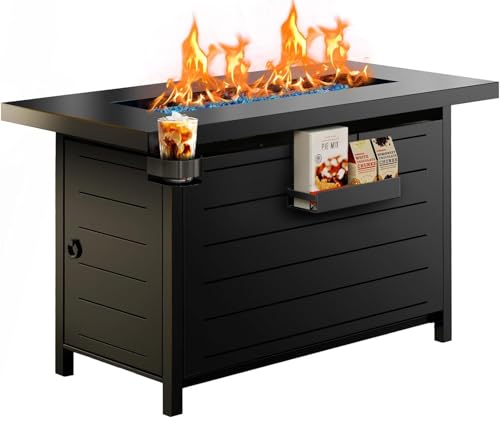Ciays 43″ Fire Pit Table with Glass Beads & Lid, CSA-Certified Gas Fire Pit with Cup Holders, Hanging Shelf & Nylon Cover, Large Outdoor Fire Pit for Patio/Porch/Deck, 60,000 BTU Heat Output, CIFPT9B
