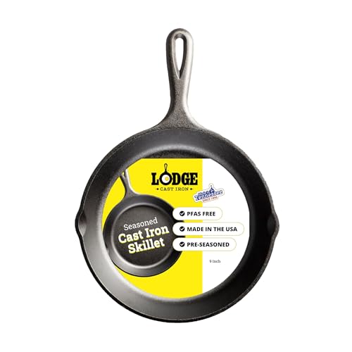 Lodge Seasoned Cast Iron Skillet - PFAS-Free, Non-Toxic Cookware - Use with an Oven, Stove, Grill, or Campfire - Naturally Non-Stick & Oven Safe - 9 Inches