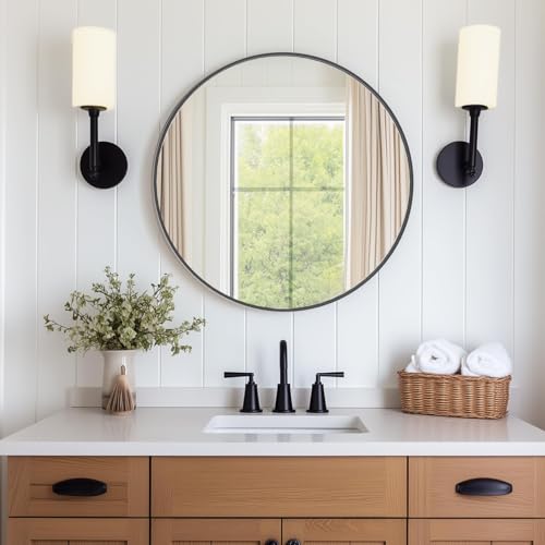 DUMOS Black Circle Mirror for Wall 24.02 inch, Bathroom Round Mirror for Over Sink, Bathroom, Entryway, Bedroom, Vanity