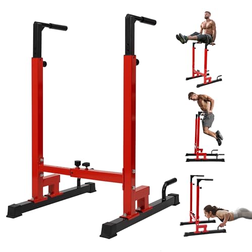 Yes4All Dip Stand 500 LBS Capacity, 80 Levels Adjustable Dip Bars, Dip Station Machine for Home Gym - Red & Black