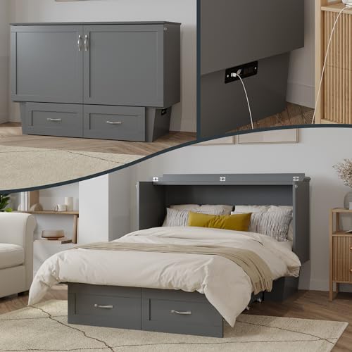 AFI, Monroe Full Murphy Bed Chest with 6" Mattress, Storage Drawer & Built-in USB Charger, Grey