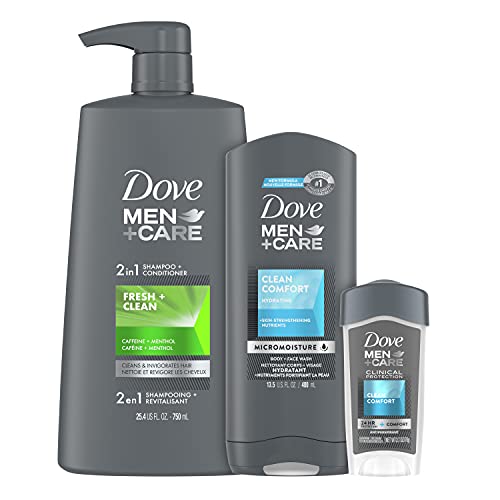 DOVE MEN + CARE Hair + Skin Care Regimen Personal Care for Men Clean Comfort + Fresh & Clean Body Wash, 2-in-1 Shampoo and Conditioner, and Antiperspirant Clinical Deodorant