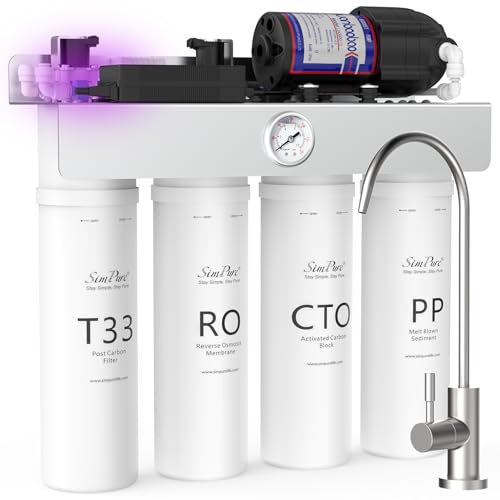 SimPure T1-400UV Tankless Reverse Osmosis System with UV, NSF/ANSI 58 Certified, Under Sink RO Water Filter System 400 GPD, 8 Stage Filtration Near 0 TDS, Built-in Pump, BPA Free, 1.5:1 Pure to Drain