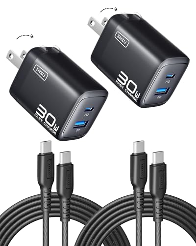 INIU USB C Charger Block, 30W 2-Pack GaN Fast Wall Charger with 5FT Cable & Advanced Protection, 2-Port Foldable Travel Adapter for iPhone 17 16 15 Pro Max, iPad, Samsung S26 S25 Ultra, Pixel 10 9 etc