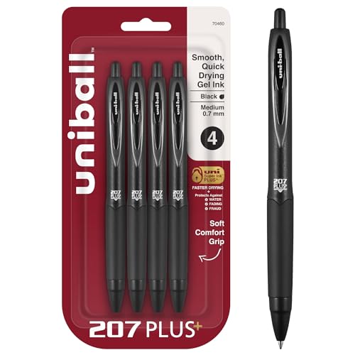 uniball 207 Plus+ Retractable Gel Pens, Medium Point, 0.7mm, Black Ink, 4/Pack (70460)