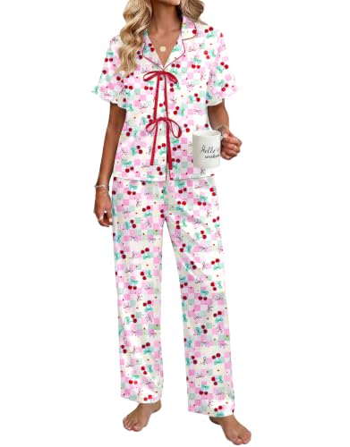 Ekouaer Silk Pajamas for Women 2 Piece Satin Pj Set Ruffle Tie Short Sleeve Sleepwear Comfy Loungewear with Pockets Plaid Cherry M