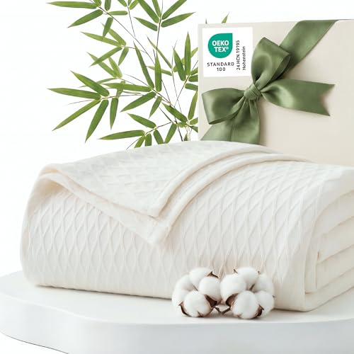 Bedsure Cooling Blanket of Rayon Derived from Bamboo - Lightweight Breathable Cotton Blanket Twin Size for Hot Sleepers, Luxury Throws for Bed, Couch and Sofa, White, 66x90 Inches