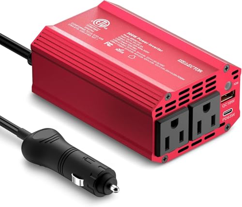 300W Power Inverter DC 12V to 110V AC Car Outlet Adapter with USB-C[PD65W] & USB-A[QC18W] Fast Charging Ports and Dual AC Outlets Car Power Inverter for Phone, Laptop on Road Trip (Red) (Red)