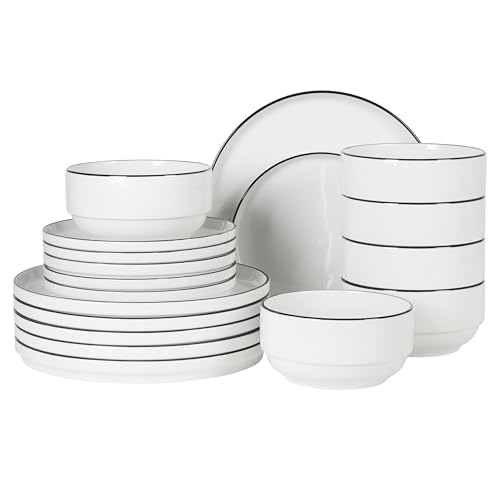 Gibson Home Rothernberg Plates and Bowls 18 Piece Porcelain White Dinnerware Set W/Black Rim | Stackable Dishes | Microwave & Dishwasher Safe
