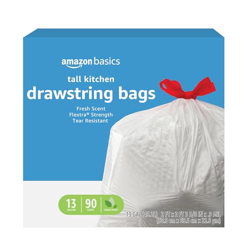 Amazon Basics Flextra Strength Tall Kitchen Drawstring Trash Bags, Fresh Scent, Tear Resistant, 13 Gallon, 90 Count