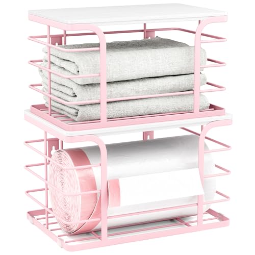 Stylstoreazy 2 Pack Extra Large Stackable Pantry Storage with Bamboo Top,Wall Mount Trash Bag Dispenser Roll Holder for Kitchen Pantry Laundry Room,Pink