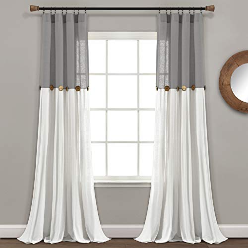 Lush Decor Linen Button Window Curtain Panel, Single, 40" W x 84" L, Dark Gray & Off White - Country Curtains - Color Block Modern Farmhouse Curtains For Living Room, Bedroom & Dining Room