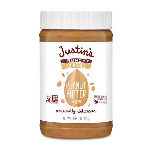 Justin's Crunchy Classic Peanut Butter 16oz. Jar, Gluten Free, Non-GMO, Responsibly Sourced