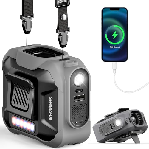 SWEETFULL Portable Waist fan, 10000mAh Personal Fan Rechargeable with Belt, 15500RPM Clip on Fan with LED SOS & Flashlight, 3 Speeds Battery operated 24H RunTime for Jobsite Outdoor Travel (Grey)