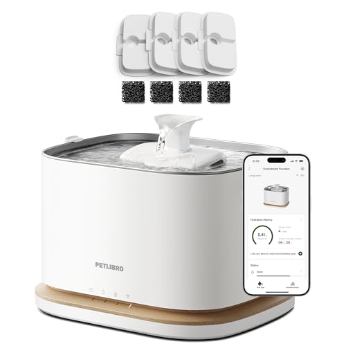Bundle of PETLIBRO Upgrade Cat Water Fountain with 4 Packs Replacement Filters, App Monitoring 3L/101oz Dockstream 2 Pet Water Fountain with Stainless Steel Tray, 5GHz WiFi Dog Water Bowl Dispenser