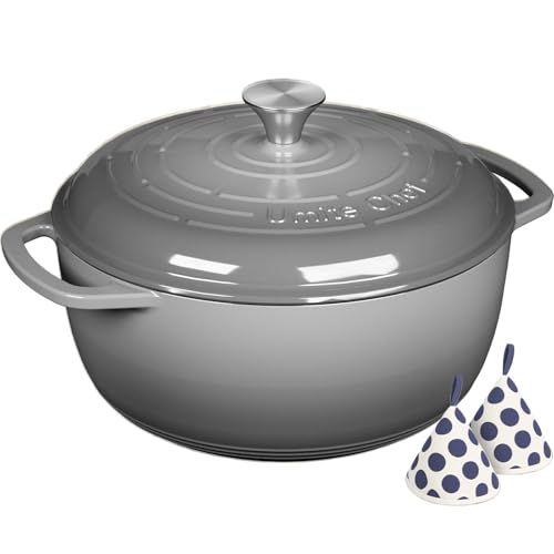 Enameled Cast Iron Dutch Oven - Umite Chef 6QT Pot with Lid & Cotton Potholders - Dual Handles -Versatile Heavy Duty Cookware for Bread Baking，Braising, Stews, Roasting（Grey）