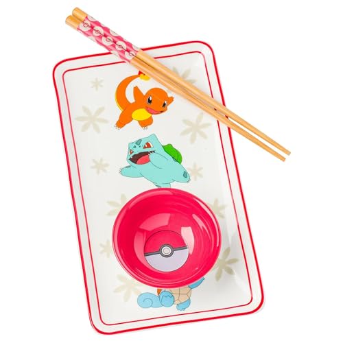 Silver Buffalo Pokemon Original Starters Featuring Charmander, Bulbasaur, Squirtle, and Pikachu Pokeball Ceramic Sushi Set with Dipping Sauce Dish and Matching Chopsticks