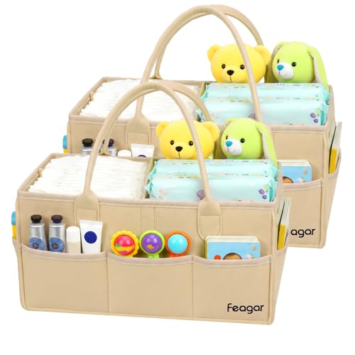 Feagar Baby Diaper Caddy Organizer, 15 Inch Large 2 Pack Set with 8 Pockets & 2 Dividers, Portable Nursery Storage Basket & Car Organizer for Changing Table, Travel (Khaki)