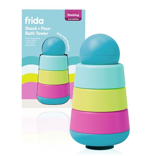 Frida Baby Stack + Pour Bath Tower Bath Toy, Bath Toys for Toddlers, Teaches Child to Grasp, Stack & Scoop. Gross to Fine Motor Skills, Hand Eye Coordination, Sort by Size, Count, Pretend Play