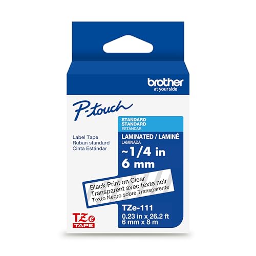 Brother Genuine P-Touch TZe Black Print on Clear Label Tape (TZe111), Laminated,1/4in x 26.2ft (6mm x 8m), for Select P-Touch Label Makers, Durable, Water-Resistant, Indoor/Outdoor Use