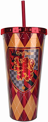 Spoontiques Harry Potter Acrylic Foil Cup with Straw, 20oz - Metallic Locking, Double Wall Insulated, BPA Free - Gryffindor