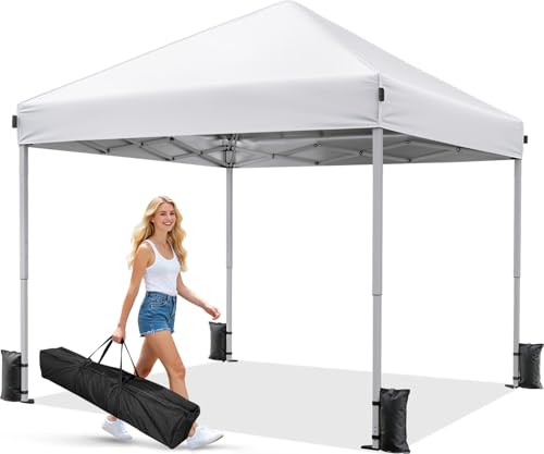 Driftalia 10x10 Pop Up Canopy Tent, Instant Setup Portable Canopy with Carry Bag, 4 Sandbags and 8 Stakes for Outdoor Events, Parties & Camping - White