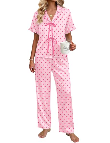 Ekouaer Silk Pajamas for Women 2 Piece Satin Pj Set Ruffle Tie Short Sleeve Sleepwear Comfy Loungewear with Pockets Pink Heart L