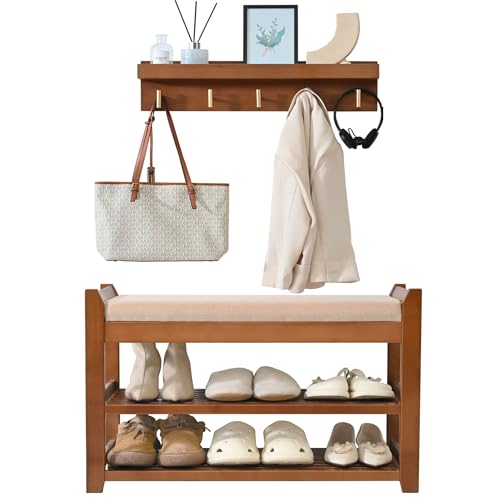 PETKABOO Shoe Rack for Front Door Entrance, 28” Entryway Bench with Coat Rack, Hall Tree Shoe Bench with Storage for Entry, Hallway, Bedroom, Living Room