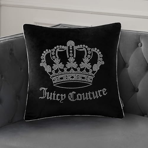 Juicy Couture Square 1-Piece Living Room and Bedroom Décor, Premium Throw Pillow, 20"x20", Black Rhinestone Crown