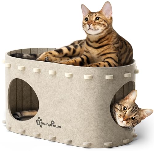 DownyPaws Cat House for Indoor Cats, Cat Bed Cave for Multiple & Large Cats Up to 22 Lbs, Scratch Resistant, Foldable Peekaboo Kitten Caves Tunnel Enclosed Bed, PeekaPurr, Cream