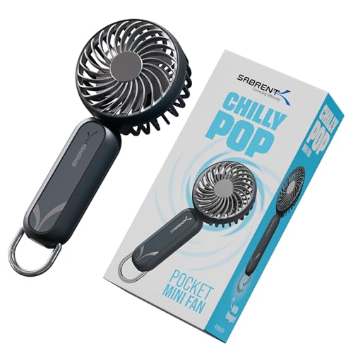 SABRENT ChillyPop Mini Portable Fan with Hanger, USB-C Rechargeable Handheld Personal Fan, 3 Speed Quiet Mini Cooling Fan, Up to 8H Runtime for Travel, Office, Bedroom, Camping in Grey (HF-M2WH-GRY)