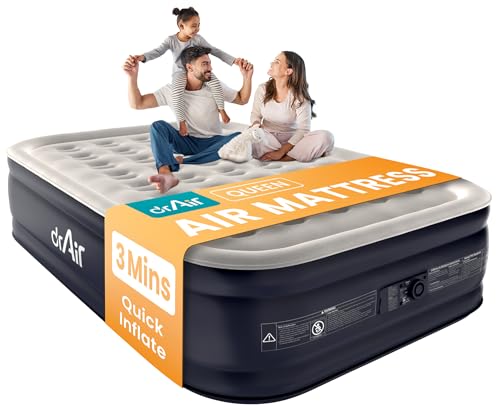 Dr. air Queen Air Mattress with Built-in Pump, 18" Raised Blow Up Mattress, 800 lbs Max Honeycomb Air Bed, 48Hr Leak-Proof Test, 3min Inflatable Mattress for Home, Guests, Camping, Colchones inflables