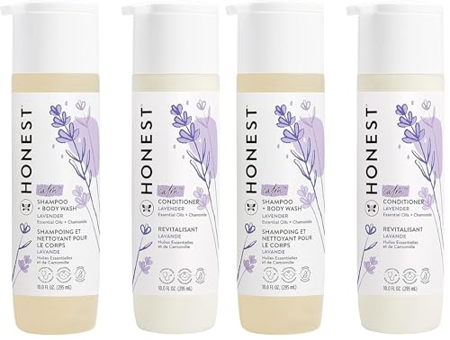 The Honest Company Silicone-Free Conditioner & 2-in-1 Cleansing Shampoo Body Wash Duo Gentle for Baby,Naturally Derived,Lavender Calm,20 fl oz,(Pack of 4)
